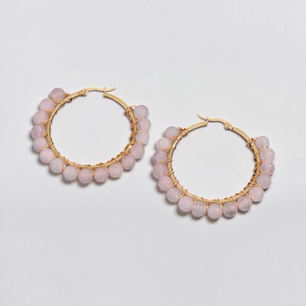 Rose quartz Hoop Earrings • Gold Plated Hoops Statement Boho Pink